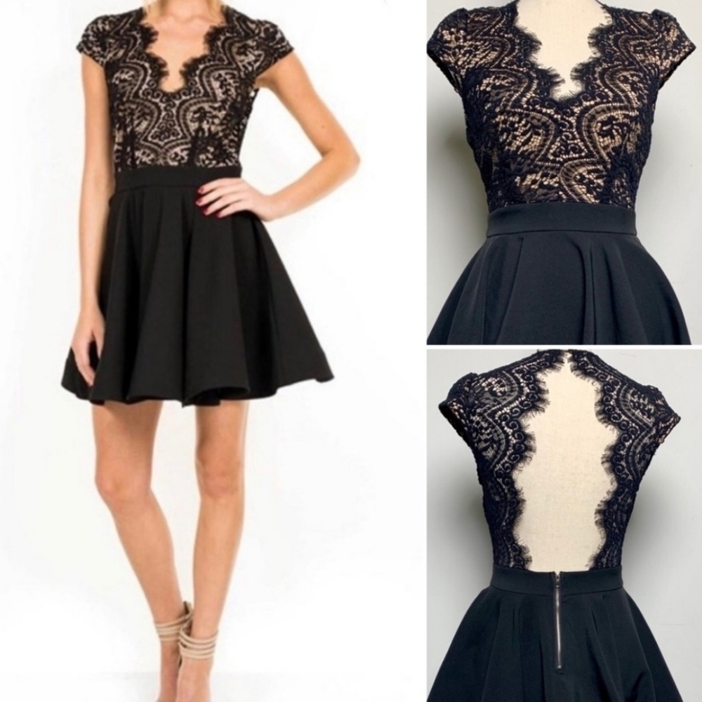 Luxxel Black and Nude Lace Open Back Dress S NWT